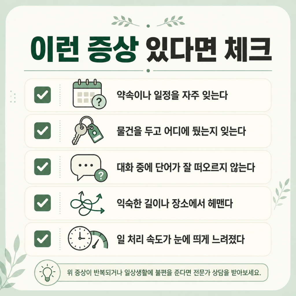 경도인지장애 의심 증상을 정리한 체크리스트 카드뉴스 이미지