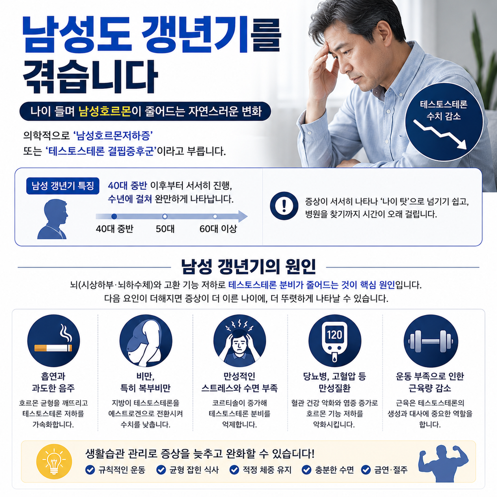 남성 갱년기, 갑자기 무기력하고 의욕이 사라졌다면? 테스토스테론 저하 신호