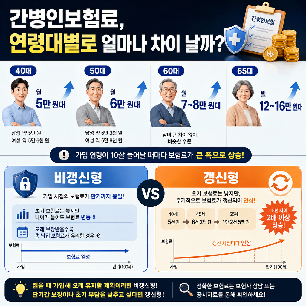 간병인보험료 얼마나 오를까? 연령별·갱신형 vs 비갱신형 비교 (2026년 기준) 1 간병인보험료 얼마나 오를까? 연령별·갱신형 vs 비갱신형 비교 (2026년 기준)