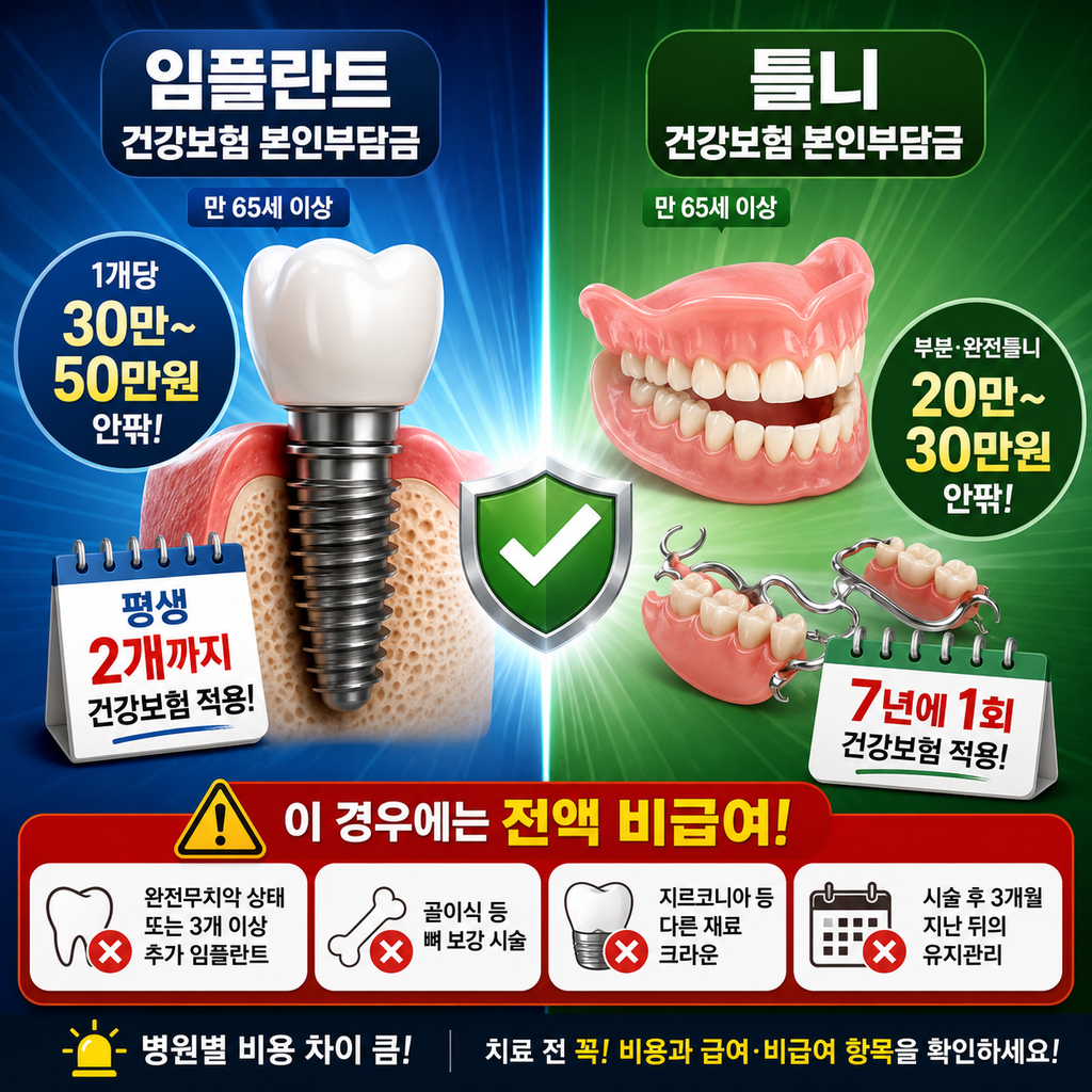 임플란트 틀니 비용 비교, 65세 이상 건강보험 적용하면 얼마나 차이날까