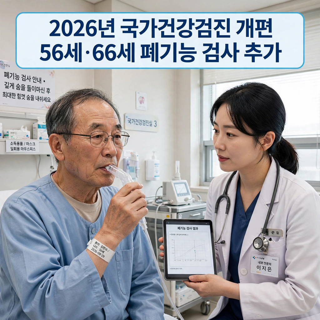 2026년 국가건강검진 개편, 56세·66세 폐기능 검사 추가부터 치매·골다공증 확대까지 1 2026년 국가건강검진 개편으로 56세 남성이 국가건강검진실에서 폐기능 검사를 받는 모습, 여성 의료진이 태블릿으로 폐기능 검사 결과를 설명하고 있음