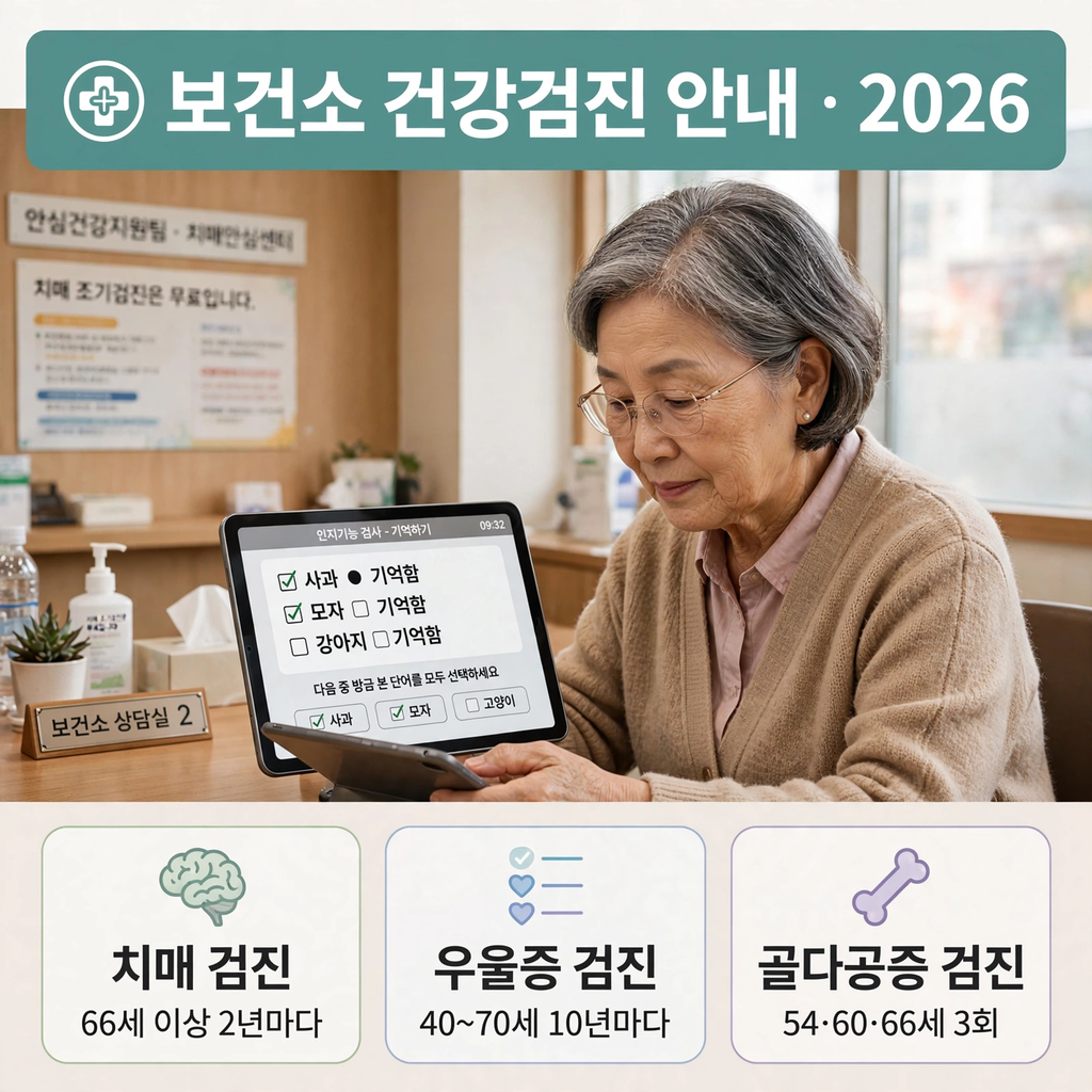 2026년 국가건강검진 개편, 56세·66세 폐기능 검사 추가부터 치매·골다공증 확대까지 2 2026년 보건소 건강검진 안내, 66세 이상 여성이 보건소 상담실에서 태블릿으로 치매 인지기능 검사를 받는 모습, 하단에 치매 검진 66세 이상 2년마다 우울증 검진 40~70세 10년마다 골다공증 검진 54·60·66세 3회 인포그래픽