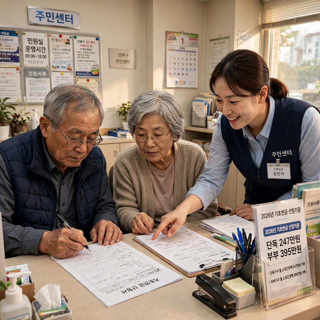 주민센터에서 65세 이상 노부부가 기초연금 신청서를 작성하고 직원이 선정기준 단독 247만원 부부 395만원을 안내하는 모습