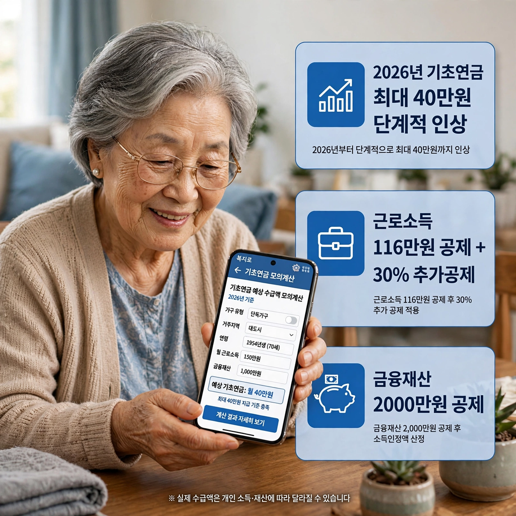 70대 할머니가 복지로 앱으로 기초연금 모의계산을 하며 최대 40만원 단계적 인상과 근로소득 116만원 공제 30% 추가공제 금융재산 2000만원 공제 정보를 확인하는 모습