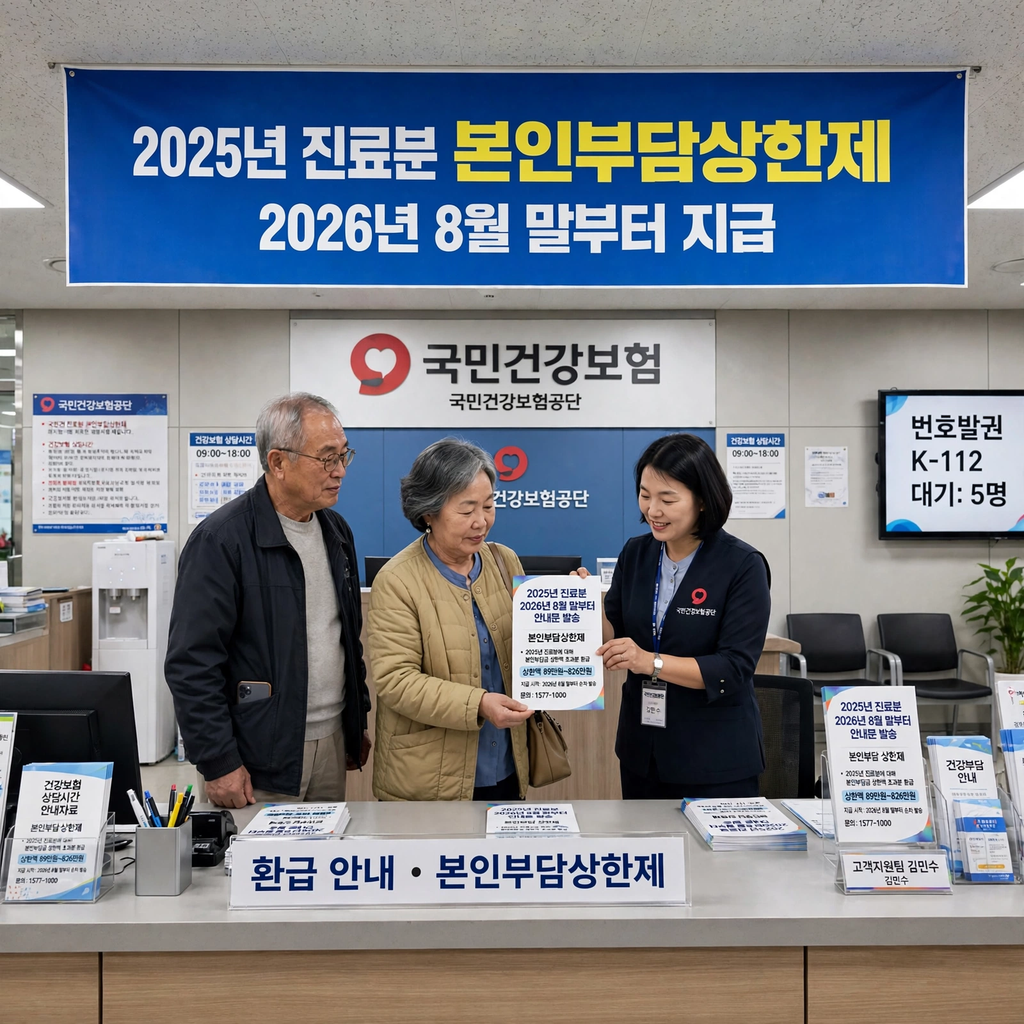 국민건강보험공단 지사에서 2025년 진료분 본인부담상한제 2026년 8월 말부터 지급 현수막 아래 60대 노부부가 직원에게 환급 안내를 받는 모습