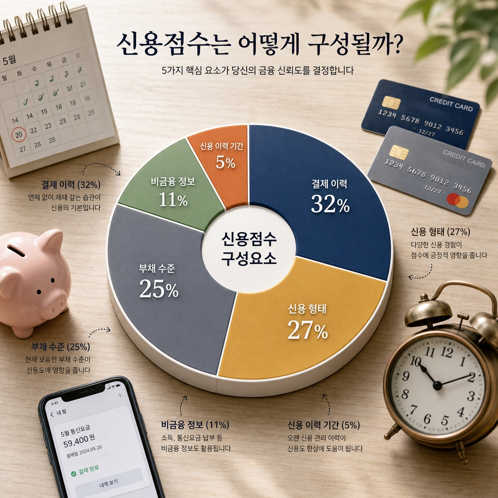 신용점수 올리는 법 5가지, 6개월이면 등급이 바뀝니다 1 신용점수 결정 요소 5가지를 보여주는 도넛 차트