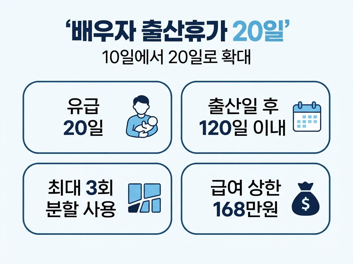 배우자 출산휴가 20일, 120일 안에 3번 나눠 쓸 수 있습니다 1 배우자 출산휴가 20일 카드뉴스 - 유급 20일, 출산일 후 120일 이내 사용, 최대 3회 분할 사용, 급여 상한 168만원