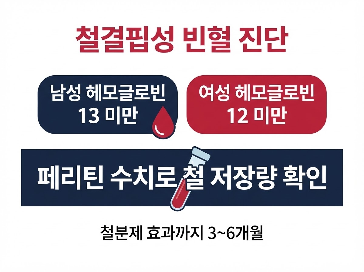 철결핍성 빈혈 진단 기준 카드뉴스 - 남성 헤모글로빈 13 미만, 여성 헤모글로빈 12 미만, 페리틴 수치로 철 저장량 확인, 철분제 효과까지 3~6개월