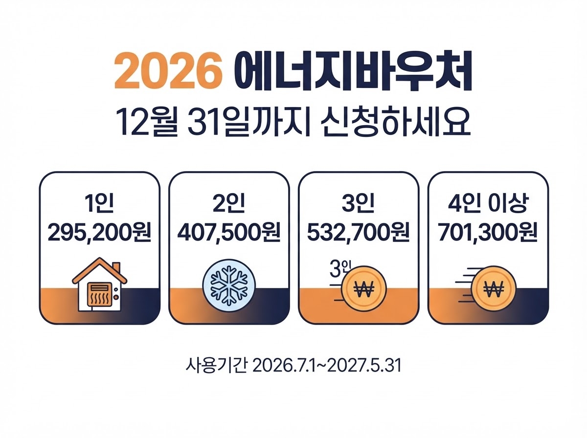 에너지바우처 2026 신청 대상 지원금액, 12월 31일까지 놓치지 마세요 1 2026 에너지바우처 지원금액 카드뉴스 - 1인 295,200원, 2인 407,500원, 3인 532,700원, 4인 이상 701,300원, 신청 12월 31일까지