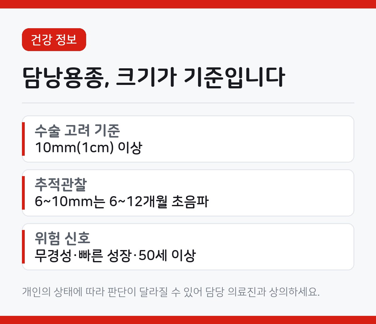 담낭용종 크기별 관리 기준, 1cm에서 수술이 갈립니다 1 담낭용종 크기별 관리 기준을 정리한 카드뉴스. 1cm 이상 수술 고려, 6~10mm 추적관찰, 위험 신호 항목이 적혀 있다.