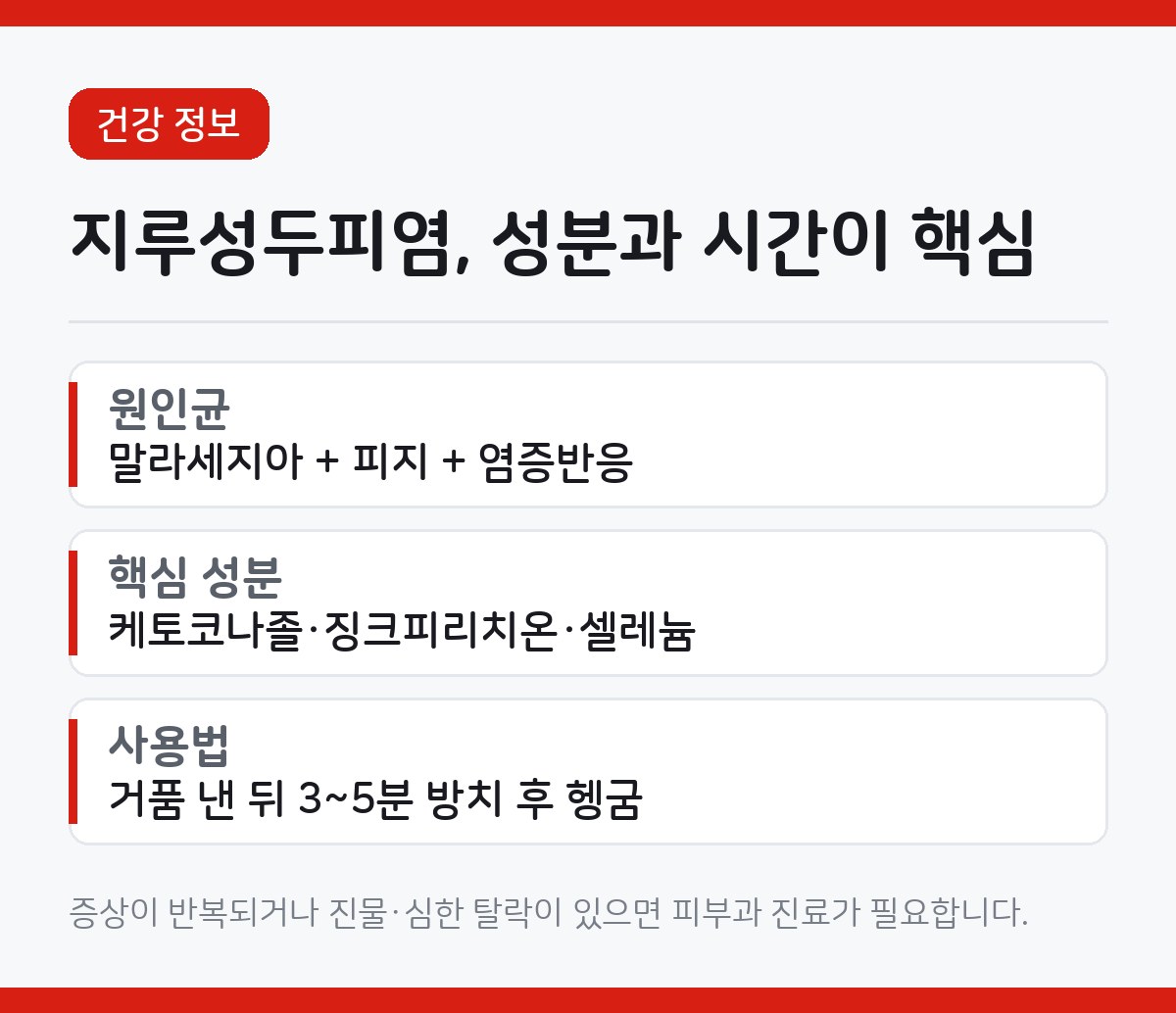 지루성두피염 샴푸 고르는 법, 성분과 방치 시간이 좌우합니다 1 지루성두피염 관리법을 정리한 카드뉴스. 말라세지아 원인, 항진균 성분, 3~5분 방치 항목이 적혀 있다.