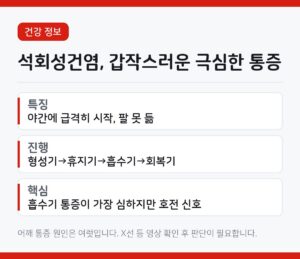석회성건염 통증, 어깨가 갑자기 못 움직일 정도면 이 병입니다 3 석회성건염의 특징과 4단계 진행을 정리한 카드뉴스. 야간 극심한 통증, 흡수기, 치료 항목이 적혀 있다.