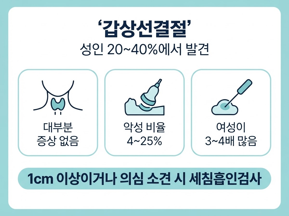 갑상선결절 카드뉴스 - 성인 20~40%에서 발견, 대부분 증상 없음, 악성 비율 4~25%, 여성이 3~4배 많음, 1cm 이상이거나 의심 소견 시 세침흡인검사