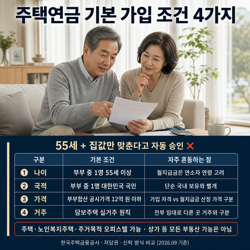 주택연금 가입 조건: 55세·공시가격 12억 원·실거주 요건 정리 1 주택연금 기본 가입 조건 4가지 — 부부 중 1명 55세 이상, 부부 중 1명 대한민국 국민, 부부합산 공시가격 12억 원 이하, 담보주택 가입자/배우자 실거주 원칙.
자주 혼동하는 점 4가지
월지급금은 부부 중 연소자(나이가 적은 사람) 연령을 고려, 국민연금 수급 연령·정년 기준과 동일 아님
단순 국내 주택 보유와 별개로 부부 중 1명은 대한민국 국민이어야 함
가입 자격의 가격 기준(12억 이하)과 월지급금 산정 가격은 구분
전부 임대하고 다른 곳에 거주하는 경우와 분리해서 판단 (실거주 원칙)
주택·신고된 노인복지주택·주거목적 오피스텔 가능, 상가 등 모든 부동산이 대상은 아님.
공식 심사는 권리관계·실제 이용 상태·실거주 여부 등을 함께 보므로, 나이·집값 기준만 맞춘다고 개별 주택 보증 승인 의미는 아님.
