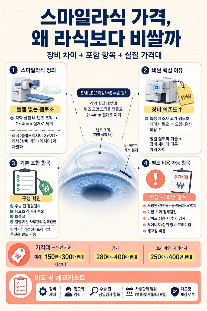 스마일라식 가격, 라식보다 비싼 이유와 비용 구성 정리 1 라식·라섹보다 대체로 가격대가 높은 스마일라식의 비싼 이유와 가격에 포함되는 항목, 실제 가격 범위 — 라식(플랩 형성 후 엑시머 레이저로 깎는 2단계)과 라섹(상피 박리 후 엑시머 교정)과 달리 플랩 없이 펨토초 레이저 한 대로 각막 실질 내 렌즈 모양의 조직을 만들어 2~4mm 정도의 작은 절개창을 통해 빼내는 방식이라 각막 신경 손상이 적고 구조적 안정성을 유지하기 쉽다는 점, 특정 제조사의 고가 펨토초 레이저 장비를 도입·유지하는 데 비용이 크게 들어 수술 가격에 반영되며 정밀 집도의 기술과 장비 세대에 따라 가격이 달라진다는 점, 수술 전 정밀검사·수술 자체·회복실·일정 기간 사후관리 정기검진이 보통 기본 포함되더라도 처방 안약·기본 초과 검진·난이도 상승 시 추가 검사·상위 장비 옵션·재교정 비용은 별도로 발생할 수 있어 상담 단계에서 구체적으로 확인해야 한다는 점, 양안 기준으로 할인 후 대략 150만~300만 원대·정가 280만~400만 원대·저에너지 등 프리미엄 방식은 250만~400만 원대에 형성되는 경우가 많다는 점, 그리고 가격만이 아니라 장비 세대·집도의 경력·수술 전 정밀검사 항목·사후관리 범위·재교정 보장 여부를 함께 비교해야 한다는 점을 정리한 안내