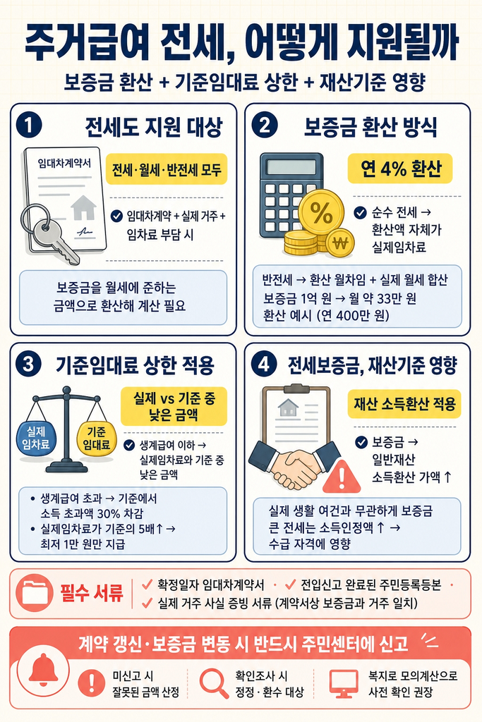 주거급여 전세, 보증금은 어떻게 계산될까 1 주거급여가 전세·월세·반전세 임대차 형태 모두 지원 대상이지만 전세는 매달 내는 월세가 없으므로 보증금을 연 4% 환산율로 월차임 환산해 실제임차료를 계산하며 순수 전세는 환산액 자체가 실제임차료가 되고 반전세는 환산 월차임과 실제 월세를 합산해 산정하며 보증금 1억 원 전세는 환산 시 월 약 33만 원 수준이 된다는 점, 이렇게 산정된 실제임차료는 지역·가구원 수별 기준임대료 상한으로 제한돼 실제와 기준 중 낮은 금액이 지원되며 생계급여 선정기준을 초과하는 가구는 기준에서 소득 초과액 30%를 차감하고 실제임차료가 기준의 5배를 넘으면 최저지급액인 월 1만 원만 받는다는 점, 전세보증금은 임차료 계산뿐 아니라 일반재산으로 소득환산 가액에 함께 반영돼 보증금이 큰 전세는 재산기준 소득인정액을 끌어올려 수급 자격에 영향을 줄 수 있다는 점, 신청 시 확정일자 임대차계약서·전입신고된 주민등록등본·실제 거주 사실 증빙 서류를 함께 제출해야 하고 계약 갱신이나 보증금 변동 시에는 주민센터에 신고해 급여 산정에 반영해야 한다는 점을 정리한 안내