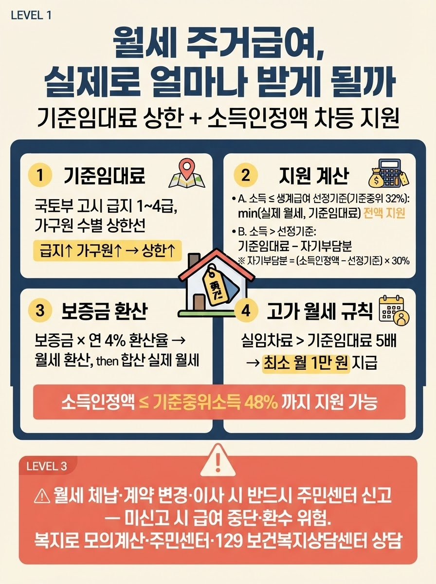 주거급여 월세 지원, 실제로 얼마까지 받을 수 있을까 1 월세 주거급여의 기준임대료 상한 개념과 실제 지원 계산 방법(소득 32% 이하 전액 지원·초과 시 자기부담분 30% 차감), 보증금 연 4% 환산 적용, 실임차료가 기준임대료의 5배를 넘으면 최소 월 1만 원 지급되는 요약, 그리고 계약 변경·이사 시 주민센터 신고 필요와 복지로 모의계산·129 상담 안내를 정리한 인포그래픽