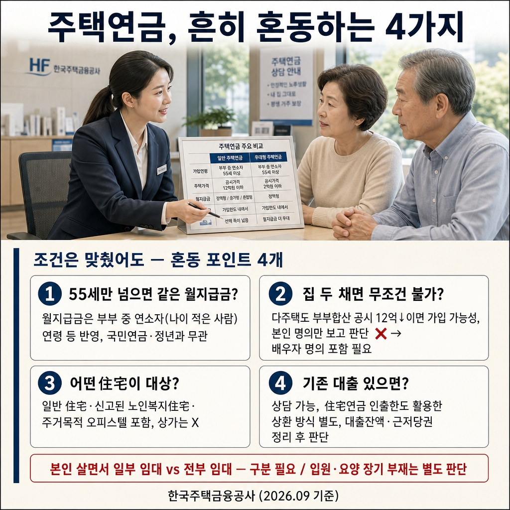 주택연금 가입 조건: 55세·공시가격 12억 원·실거주 요건 정리 2 주택연금 흔히 혼동하는 4가지
55세만 넘으면 월지급금이 모두 같나요? → 55세는 가입 가능 연령 기준. 월지급금은 부부 중 연소자 연령 등을 반영해 산정되며 국민연금·정년과 동일한 기준 아님. 이미 다른 공적연금 수급 사실만으로 가입이 일괄 제한되는 제도도 아님.
집 두 채면 무조건 안 되나요? → 다주택자도 부부합산 공시가격 12억 원 이하라면 가입 가능성 있음. 본인 명의 한 채만 보고 충족했다고 판단하면 실제 심사와 달라질 수 있어, 계산 전 배우자 명의 주택까지 보유 현황 정리 필요.
어떤 주택이 대상이고 실거주는 왜 중요한가요? → 일반 주택 외에 지방자치단체에 신고된 노인복지주택·주거목적 오피스텔 포함. 건축물 이름뿐 아니라 실제 용도와 공사가 인정하는 조건이 중요. 가입자 또는 배우자가 담보주택에 실제 거주하는 것이 원칙. 입원·요양 등 장기 부재는 별도 인정 예외·절차 확인.
기존 주택담보대출이 있으면 어떻게 하나요? → 기존 대출이 있어도 상담 자체는 가능. 주택연금 인출한도 활용한 상환 방식 등이 있지만 대출잔액·근저당권 등 권리관계와 이용 가능 한도에 따라 결과가 달라짐.