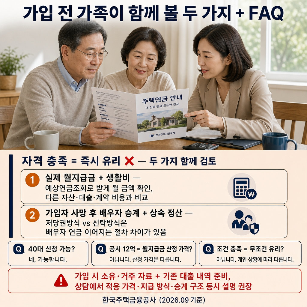 주택연금 가입 조건: 55세·공시가격 12억 원·실거주 요건 정리 3 가입 전에 가족이 함께 볼 두 가지 + FAQ
실제 월지급금과 생활비 → 한국주택금융공사 예상연금조회로 받게 될 금액을 먼저 확인. 다른 자산·대출·계약 비용·거주 계획과 종합 비교해야 자격 충족만으로 유리 여부가 결정되지 않음.
가입자 사망 후 배우자 승계와 상속 정산 → 저당권방식과 신탁방식은 배우자에게 연금이 이어지는 절차에 차이가 있으므로 부부의 주거 계획에 맞게 비교 필요. 소유권·거주·사망 후 정산은 서로 연결된 조건.
가입 시 준비: 소유·거주 자료 + 기존 대출 내역. 상담에서 적용 가격·지급 방식·승계 구조를 함께 설명받는 것이 좋음.
FAQ Q. 40대도 신청 가능한가요? → 기본 요건은 부부 중 1명 55세 이상. 본인 나이만이 아니라 배우자 조건과 전체 요건 확인. Q. 공시가격 12억이면 매달 받는 금액도 그 가격으로 정하나요? → 가입 자격 가격과 월지급금 산정 가격은 별개. Q. 조건에 맞으면 무조건 유리한가요? → 생활비 필요액, 다른 자산·대출, 거주 계획과 계약 비용 함께 비교 필요.