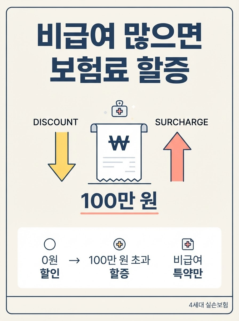 4세대 실손보험 할증, 보험료가 최대 300% 오르는 기준은 무엇일까요 1 4세대 실손보험 할인할증제도는 비급여 보험금 수령액이 직전 1년간 100만 원 미만이면 할인 또는 유지, 100만 원 이상이면 비급여 특약 보험료에 최대 300%까지 할증이 적용되는 제도