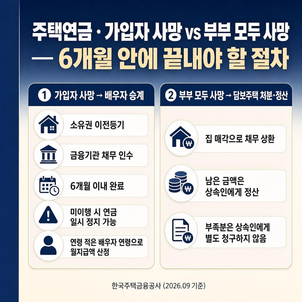 주택연금 가입자 사망 시 처리: 배우자 승계·6개월 절차·상속 정산 1 딥네이비에서 크림으로 이어지는 그라디언트 배경, 좌측 네이비 세로 띠(폭 약 8%). 상단 굵은 한글 제목 ‘주택연금 · 가입자 사망 vs 부부 모두 사망 — 6개월 안에 끝내야 할 절차’. 중앙에 두 개의 가로 패널이 나란히 배치됨. 좌측 패널 라벨 ‘① 가입자 사망 → 배우자 승계’, 짧은 글머리 5개 — ‘소유권 이전등기’, ‘금융기관 채무 인수’, ‘6개월 이내 완료’, ‘미이행 시 연금 일시 정지 가능’, ‘연령 적은 배우자 연령으로 월지급액 산정’. 우측 패널 라벨 ‘② 부부 모두 사망 → 담보주택 처분·정산’, 글머리 3개 — ‘집 매각으로 채무 상환’, ‘남은 금액은 상속인에게 정산’, ‘부족분은 상속인에게 별도 청구하지 않음’. 글머리 옆에 간단한 한글 타이포 아이콘(집 실루엣·문서·달력·동전) 깔끔한 화이트 라운드 칩 안에 배치. 하단 우측 푸터 ‘한국주택금융공사 (2026.09 기준)’. 워터마크 없음, 카드뉴스 1:1 1024×1024.