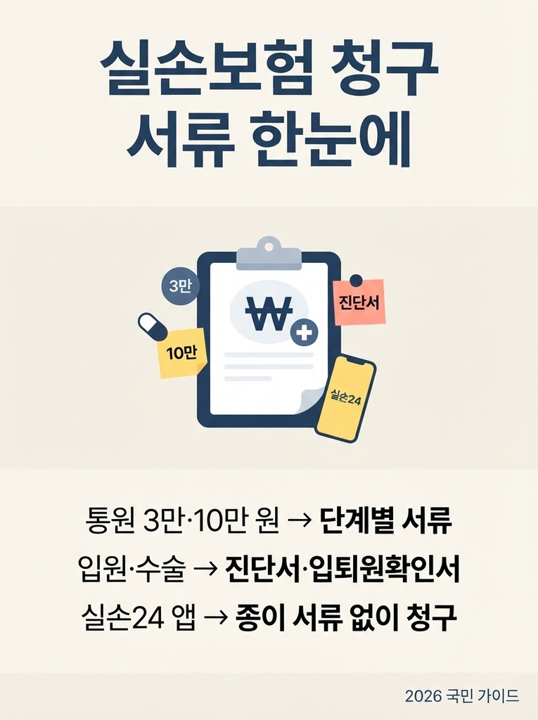 실손보험 청구서류, 금액대별로 준비물이 다르다는 사실 알고 계셨나요 1 실손보험 청구 시 통원 3만·10만 원 구간별 영수증과 처방전·진단서, 입원·수술 시 입퇴원확인서 추가, 그리고 실손24 앱으로 종이 서류 없이 전자 청구가 가능한 점을 정리한 안내 인포그래픽