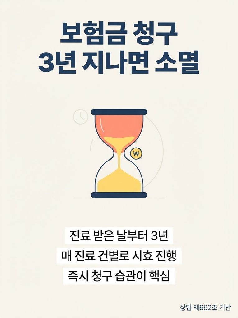실손보험 청구기간, 3년 지나면 정말 못 받나요 1 상법 제662조에 따라 실손보험 청구권의 소멸시효는 진료를 받은 날부터 3년이며, 매 진료 건별로 시효가 진행되어 미루면 받을 수 없게 되므로 즉시 청구하는 습관이 중요한 점을 정리한 안내 인포그래픽