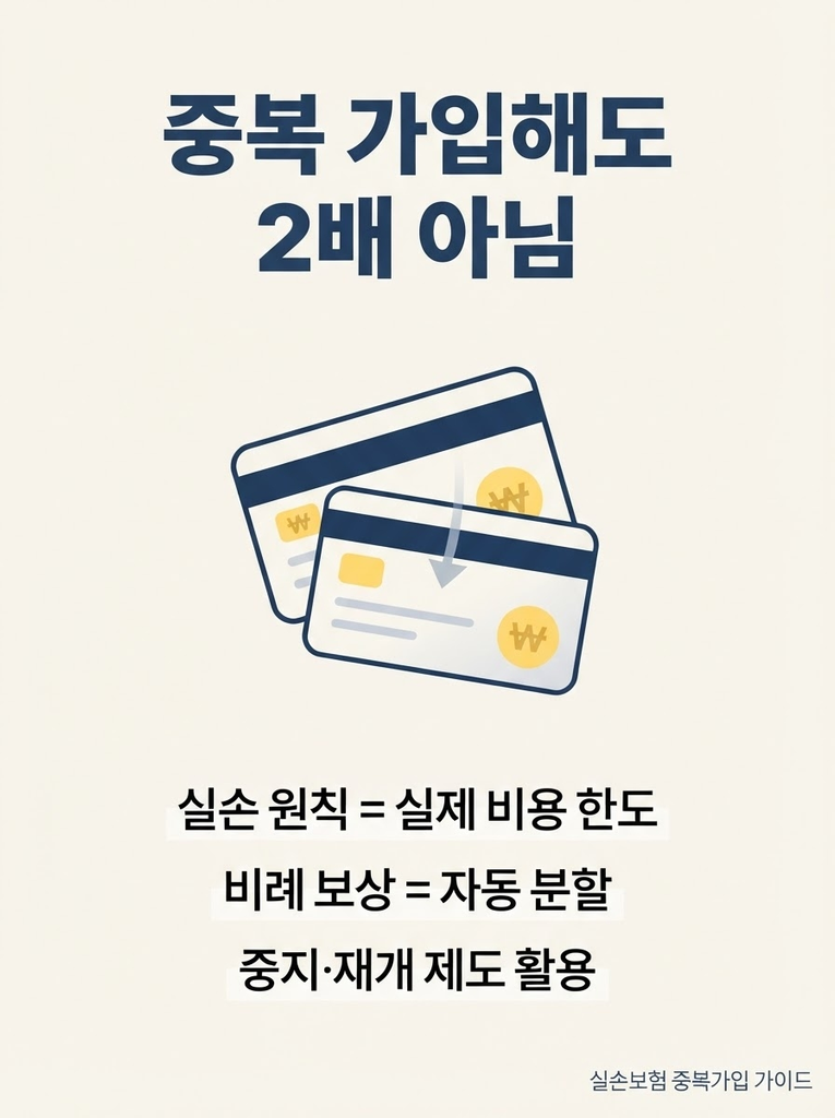 실손보험 중복가입, 두 개 가입하면 보험금도 두 배 받을까요 1 실손보험 중복가입 시 실손보상 원칙에 따라 보험금이 두 배가 아니라 비례 보상으로 자동 분할되며, 단체실손 중지·재개 제도와 협회 조회 등을 통한 정리 방법을 정리한 안내