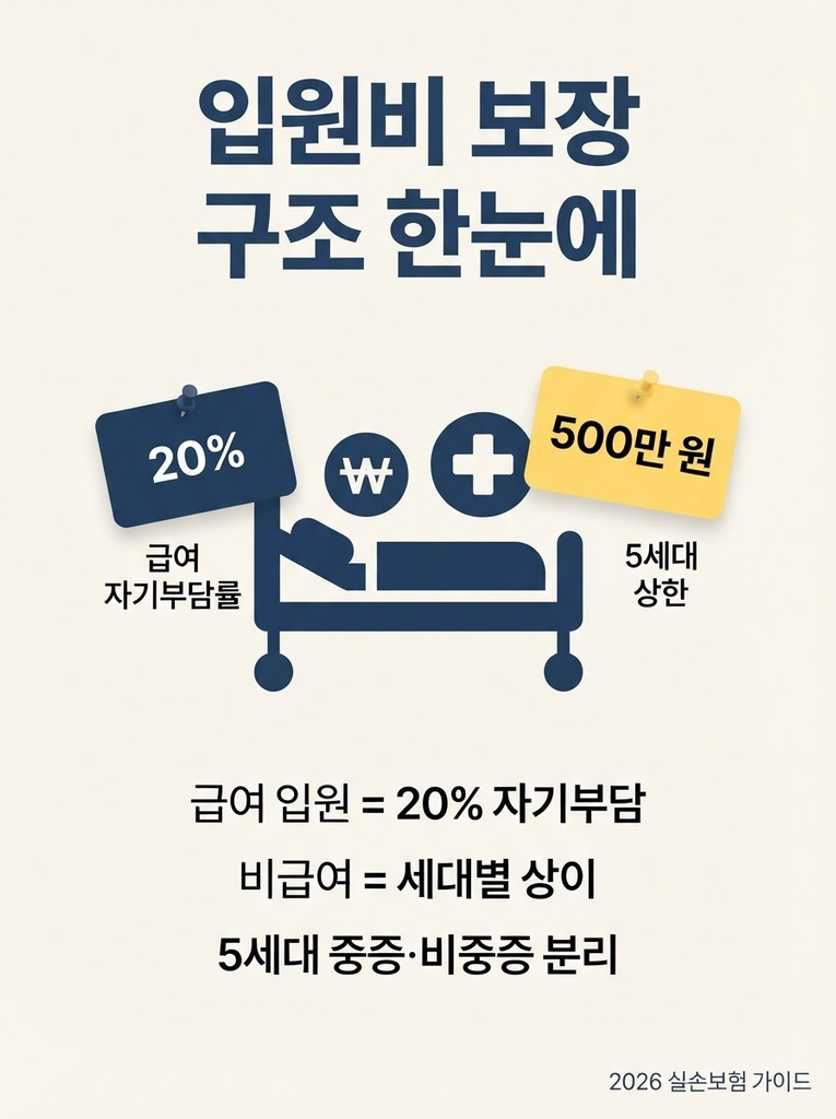 실손보험 입원비, 급여·비급여 자기부담률부터 정확히 알아두세요 1 실손보험 입원의료비 보장에서 급여 20% 자기부담률, 비급여는 세대별 상이하며 5세대부터 중증·비중증 비급여를 분리하고 상급종합병원 입원 시 연간 500만 원 상한이 신설된 점을 정리한 안내 인포그래픽