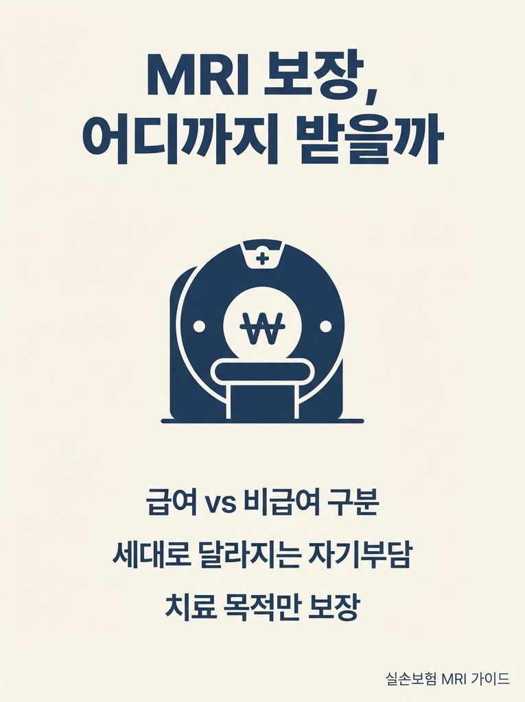 실손보험 MRI, 세대별로 자기부담률이 이렇게나 다릅니다 1 실손보험에서 MRI는 급여·비급여 여부와 가입 세대에 따라 자기부담률과 보장 범위가 달라지며, 건강검진 목적은 보장 대상에서 제외되고 치료 목적 여부가 진단서·진료확인서에 명확히 기재되어야 청구가 가능한 점을 정리한 안내