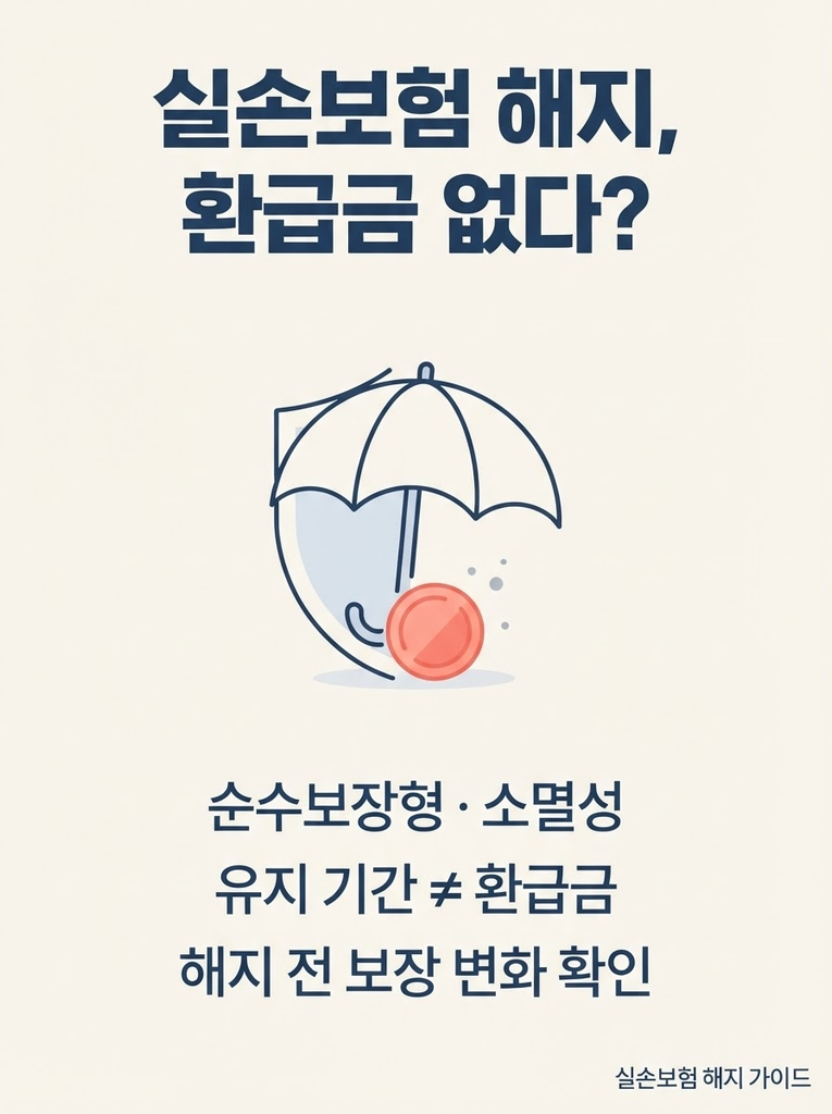 실손보험 해지환급금, 없거나 적은 이유를 알면 후회가 줄어듭니다 1 실손보험은 순수보장형 소멸성 보험으로 해지환급금이 없거나 거의 없어 유지 기간과 무관하며, 해지 시 새로운 실손보험 재가입 조건이 불리해질 수 있어 해지 전 보장 변화와 환급금 구조를 꼭 확인해야 함을 정리한 안내 인포그래픽