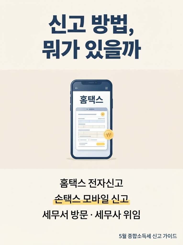 종합소득세 신고방법, 홈택스로 직접 해보면 생각보다 쉽습니다 1 5월 종합소득세 신고 방법으로 홈택스 전자신고(E 모두채움 포함), 손택스 모바일 신고, 세무서 방문 신고와 세무사 위임을 비교 정리한 안내 인포그래픽