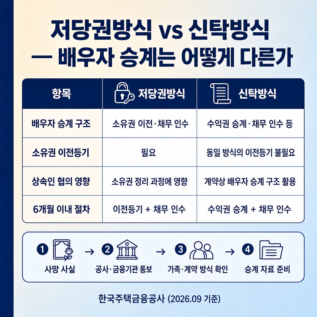 주택연금 가입자 사망 시 처리: 배우자 승계·6개월 절차·상속 정산 2 크림에서 소프트스카이블루로 이어지는 그라디언트 배경, 좌측 네이비 세로 띠. 상단 굵은 한글 제목 ‘저당권방식 vs 신탁방식 — 배우자 승계는 어떻게 다른가’. 중앙에 4행 3열 비교 표. 열 머리 ‘항목 | 저당권방식 | 신탁방식’, 첫 행 ‘배우자 승계 구조 | 소유권 이전·채무 인수 | 수익권 승계·채무 인수 등’, 둘째 행 ‘소유권 이전등기 | 필요 | 이전등기 불필요’, 셋째 행 ‘상속인 협의 영향 | 소유권 정리 과정에 영향 | 계약상 배우자 승계 구조 활용’, 넷째 행 ‘6개월 이내 절차 | 이전등기 + 채무 인수 | 수익권 승계 + 채무 인수’. 열 머리 옆에 자물쇠/열쇠 아이콘(저당권), 문서 아이콘(신탁). 표 아래 파란 안내 박스 4단계 ‘① 사망 사실 → ② 공사·금융기관 통보 → ③ 가족·계약 방식 확인 → ④ 승계 자료 준비’. 하단 푸터 ‘한국주택금융공사 (2026.09 기준)’. 워터마크 없음.
