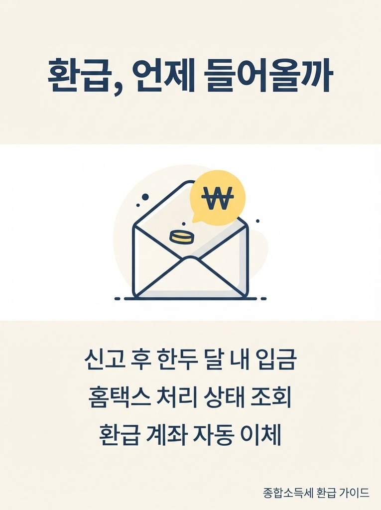 종합소득세 환급일, 신고했는데 왜 아직 안 들어올까 1 종합소득세 신고 후 환급이 발생하면 신고기한 종료 후 한두 달 내 신고 시 기재한 본인 계좌로 자동 입금되며, 홈택스·손택스에서 처리 상태를 조회할 수 있음을 정리한 안내 인포그래픽
