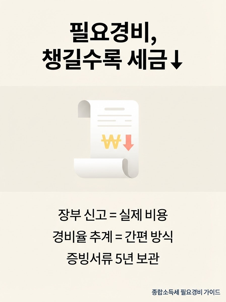 종합소득세 필요경비, 제대로 인정받아야 세금이 줄어듭니다 1 종합소득세 필요경비를 장부 신고와 경비율 추계 신고 두 방식으로 인정받을 수 있으며, 영수증·세금계산서 등 증빙서류를 5년 이상 보관하고 사업용 통장·카드를 분리해 관리하면 세금을 줄일 수 있음을 정리한 안내 인포그래픽