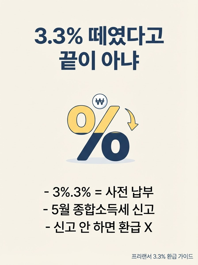 프리랜서 3.3% 환급, 신고 안 하면 그냥 날아갑니다 1 프리랜서에게 적용되는 3.3% 원천징수(소득세 3% + 지방소득세 0.3%)는 사전 납부일 뿐 확정 세금이 아니므로, 다음 해 5월 종합소득세 신고를 통해 실제 세액과 비교해 차액을 환급받아야 하며 신고를 누락하면 환급을 받을 수 없음을 정리한 안내 인포그래픽