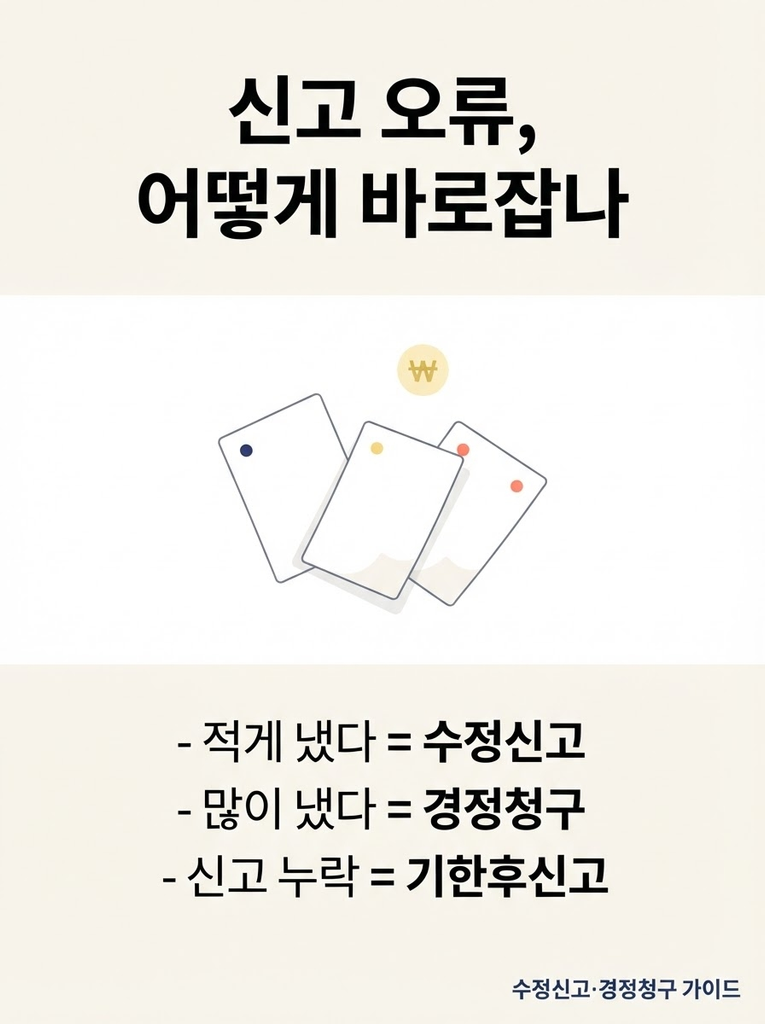 종합소득세 신고 후 오류 발견 시 세금을 적게 낸 경우 수정신고로 조기 자진 시 가산세 최대 90% 감면, 많이 낸 경우 경정청구로 환급, 신고 자체를 누락한 경우 기한후신고를 구분해 진행해야 함을 정리한 안내 인포그래픽