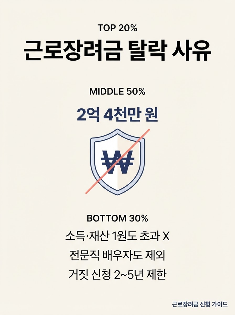 근로장려금 탈락사유 7가지, 신청 전 반드시 확인하세요 1 근로장려금이 단독가구 소득 2,200만·맞벌이 4,400만 원이나 재산 2억 4천만 원 초과 시 전액 탈락하고, 본인 또는 배우자가 전문직 사업을 영위하거나 부정 신청 이력이 있는 경우에도 지급이 제한된다는 점을 정리한 안내
