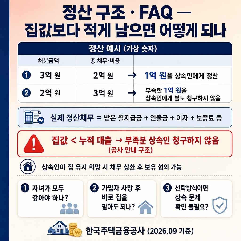 주택연금 가입자 사망 시 처리: 배우자 승계·6개월 절차·상속 정산 3 소프트피치에서 크림으로 이어지는 그라디언트 배경, 좌측 네이비 세로 띠. 상단 굵은 한글 제목 ‘정산 구조 · 집값보다 적게 남으면 어떻게 되나’. 상단의 정산 가상표 헤더 ‘정산 예시 (가상 숫자)’, 2행 ‘처분금액 3억 원 · 총 채무·비용 2억 원 → 1억 원을 상속인에게 정산’, ‘처분금액 2억 원 · 총 채무·비용 3억 원 → 부족한 1억 원을 상속인에게 별도 청구하지 않음’. 그 아래 옅은 파란 박스 ‘실제 정산채무 = 받은 월지급금 + 인출금 + 이자 + 보증료 등’. 중앙에 빨간 테두리 경고 박스 ‘집값 < 누적 대출 → 부족분 상속인 청구하지 않음 (공사 안내 구조)’. 그 아래 안내 ‘상속인이 집 유지 희망 시 채무 상환 후 보유 협의 가능’. 카드 하단에 짧은 명사형 칩 3개(‘6개월 이내’, ‘부족분 청구 X’, ‘이전등기 필수’). 하단 푸터 ‘한국주택금융공사 (2026.09 기준)’. 워터마크 없음.