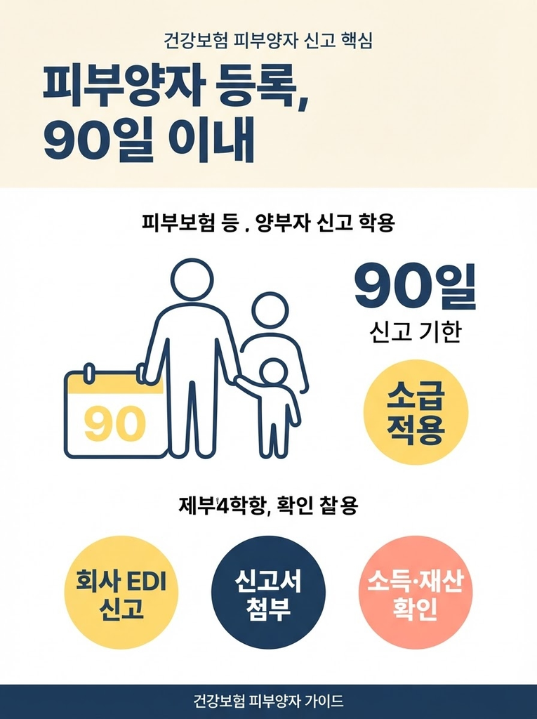 건강보험 피부양자 등록, 신청 절차와 필요 서류 한눈에 1 건강보험 피부양자 등록은 직장가입자가 사유 발생일로부터 90일 이내에 신고해야 소급 적용되며, 회사 EDI·지사 방문·온라인 신고로 소득·재산 기준을 충족해야 한다는 안내.infographic