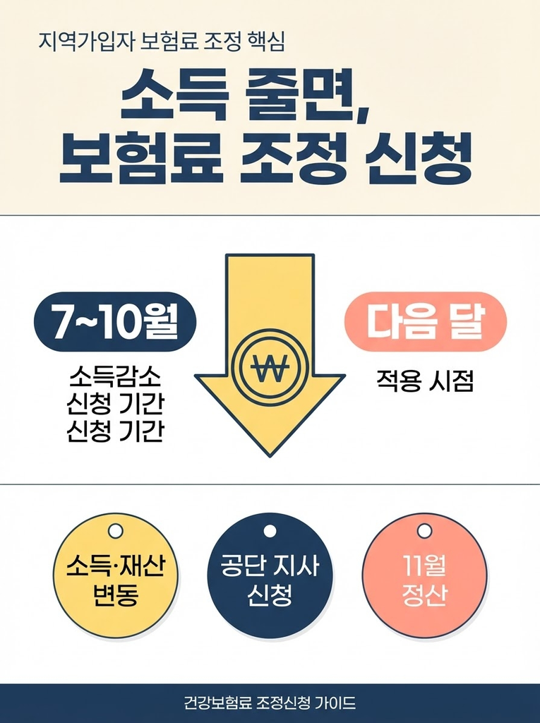 지역가입자 건강보험료 조정신청은 소득 감소 시 7~10월, 폐업·해촉 시 연중 신청할 수 있고 신청 다음 달부터 보험료가 다시 산정되며, 다음 해 11월에는 확정 소득 기준으로 정산이 이루어지는 절차를 정리한 안내 인포그래픽