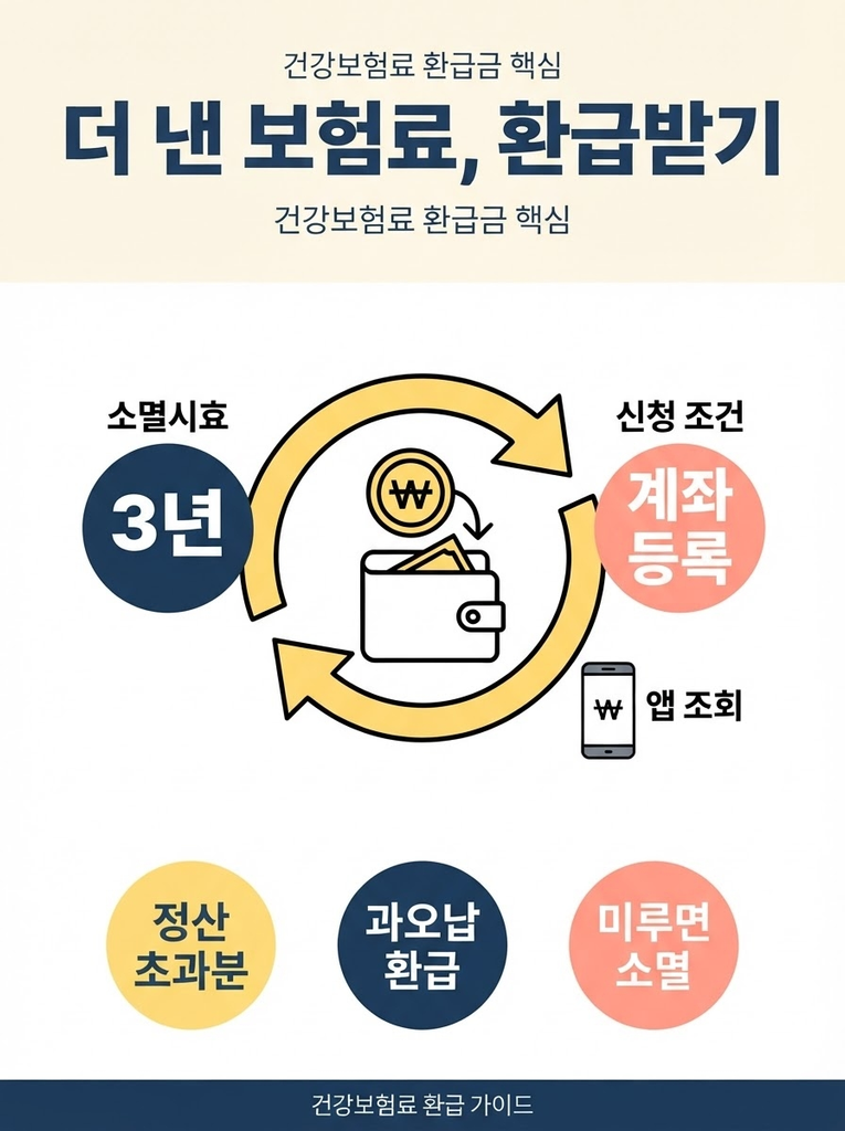 건강보험료 환급금, 내가 더 낸 보험료 돌려받는 법 1 건강보험료 환급금은 연말 정산 후 초과 징수분이나 과오납 보험료가 확인되면 본인 명의 계좌를 등록해 돌려받을 수 있으며, 청구 기한은 원칙 3년으로 미루면 받을 수 없게 되므로 The건강보험 앱에서 수시로 조회해야 한다는 내용을 정리한 안내 인포그래픽