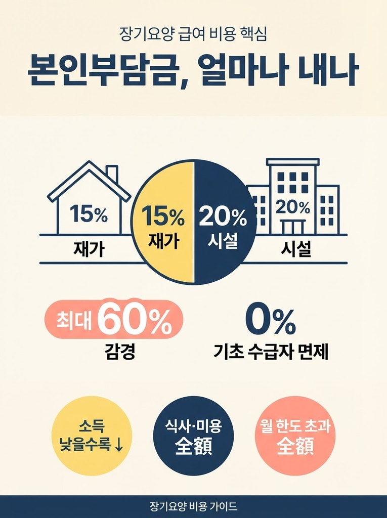 장기요양 본인부담금, 재가와 시설 얼마나 다를까 1 장기요양 본인부담금은 기본적으로 재가급여 15%, 시설급여 20%이며 소득 기준에 따라 최대 60%까지 감경받을 수 있고 의료급여 수급자는 전액 면제되지만 식사재료비·상급침실·월 한도 초과분은 전액 본인이 부담해야 한다는 점을 정리한 안내 인포그래픽