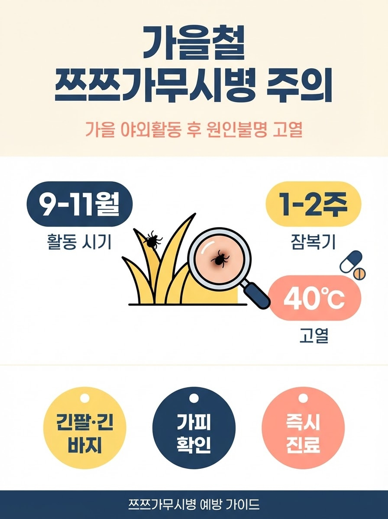 쯔쯔가무시병 증상, 가을철 야외활동 후 이 검은 딱지 확인하세요 1 가을철 9-11월 풀밭 접촉으로 감염되는 쯔쯔가무시병은 진드기 물림 후 1-2주 뒤 40도 고열과 검은 가피를 동반하며 독시사이클린 항생제로 48시간 내 열이 내리는 질환으로, 긴팔 긴바지 착용과 야외활동 후 즉시 샤워로 예방하고 원인 모를 고열 시 즉시 진료가 필요한 감염병을 정리한 안내 인포그래픽