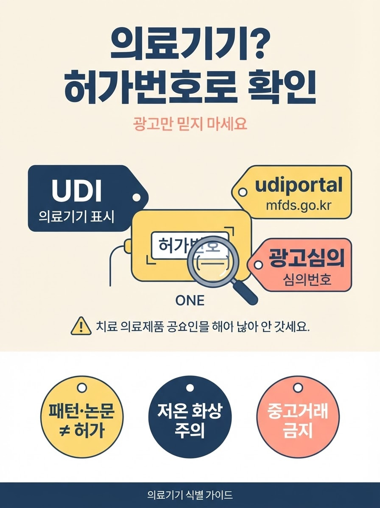 개인용 온열기 의료기기 인증, 구매 전 허가번호부터 확인하세요 1 온열기 등 의료기기인지 헷갈리는 제품은 제품에 표기된 의료기기 표시와 허가번호를 의료기기정보포털(udiportal.mfds.go.kr)에서 직접 조회해 확인하고, 특허·논문·임상시험 문구만으로 의료기기라고 단정하지 말아야 하며 중고 의료기기 거래는 피해야 한다는 안전 식별 요령을 정리한 안내 인포그래픽