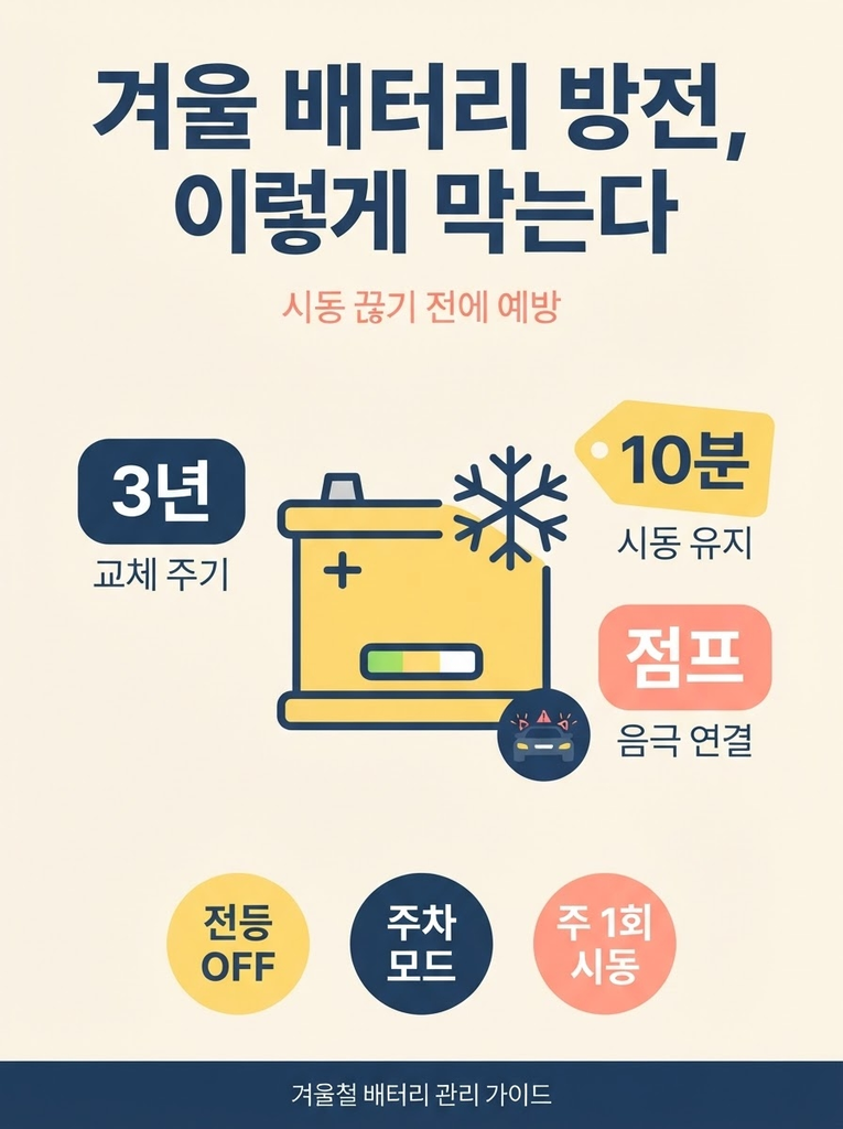 자동차 배터리 방전 예방법, 겨울 오기 전에 이것부터 확인하세요 1 겨울철 자동차 배터리 방전은 장시간 주차, 전등 미꺼짐, 블랙박스 상시전원, 시거잭 기기, 저온이 주요 원인으로 부터 시동이 걸리지 않기 전에 실내등 끄기와 주차 모드 설정, 주 1회 시동을 걸어 10분 이상 충전하는 예방이 필요하며, 방전 시 양극과 음극 순서를 지켜 점프 케이블로 연결하고 교체 주기는 약 3년으로 인디케이터 색상(초록 정상, 흰 점검, 검은 충전 필요)을 확인해야 한다는 점을 정리한 안내 인포그래피