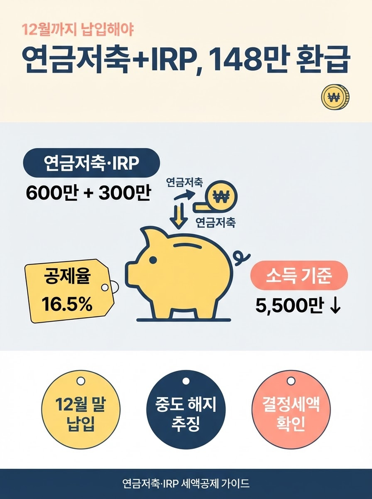 연금저축 세액공제 한도, 900만원 채우면 최대 얼마 돌려받을까 1 연금저축 단독 세액공제 한도는 연 600만 원이고 IRP와 합산 시 최대 900만 원까지이며, 총급여 5,500만 원 이하 구간에서 16.5% 공제율이 적용돼 900만 원 납입 시 약 148만 원 환급을 받을 수 있다는 점을 정리한 안내 인포그래픽