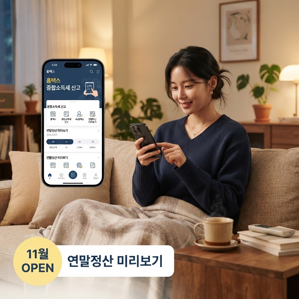 연말정산 미리보기, 11월부터 열리면 이것부터 확인하세요 1 11월 초에 개시되어 다음 해 1월 말까지 운영하는 국세청 연말정산 미리보기 서비스를 손택스 앱과 홈택스에서 간편인증으로 접속해 올해 지출 내역과 남은 기간 예상 환급액을 시뮬레이션할 수 있음을 알리는 사진 안내
