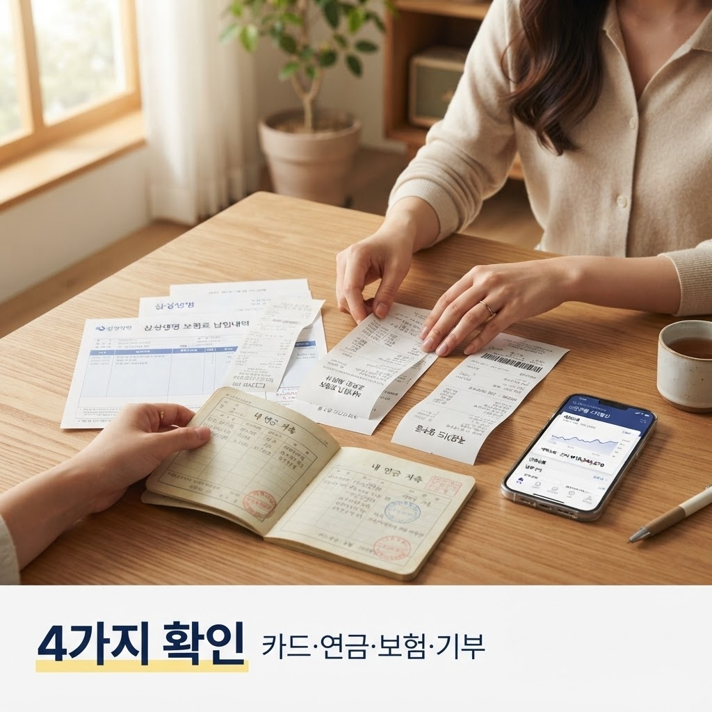 연말정산 미리보기, 11월부터 열리면 이것부터 확인하세요 2 연말정산 미리보기에서 신용카드 사용액과 총급여 대비 25% 공제 기준 도달 여부, 연금저축·보험료·기부금 자동 불러오기 내역을 확인해 부족한 공제 항목을 파악하고 남은 기간 지출 계획을 조정하는 과정을 보여주는 안내 사진