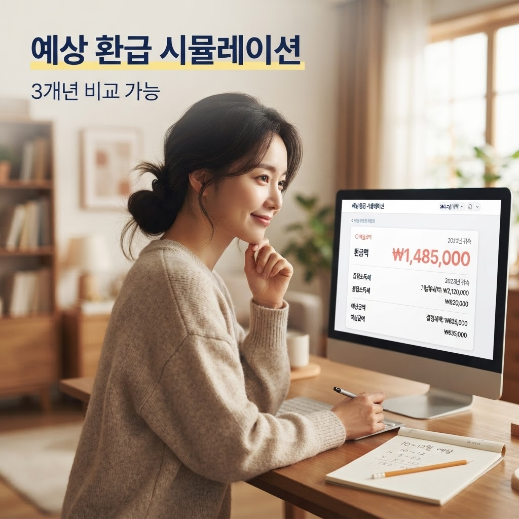 연말정산 미리보기, 11월부터 열리면 이것부터 확인하세요 3 미리보기에서 부양가족 요건과 연금저축 추가 납입 등 공제 항목을 직접 수정 입력해 예상 환급액을 시뮬레이션하고 최근 3개년 비교를 통해 부족한 공제를 보완하도록 안내하는 사진